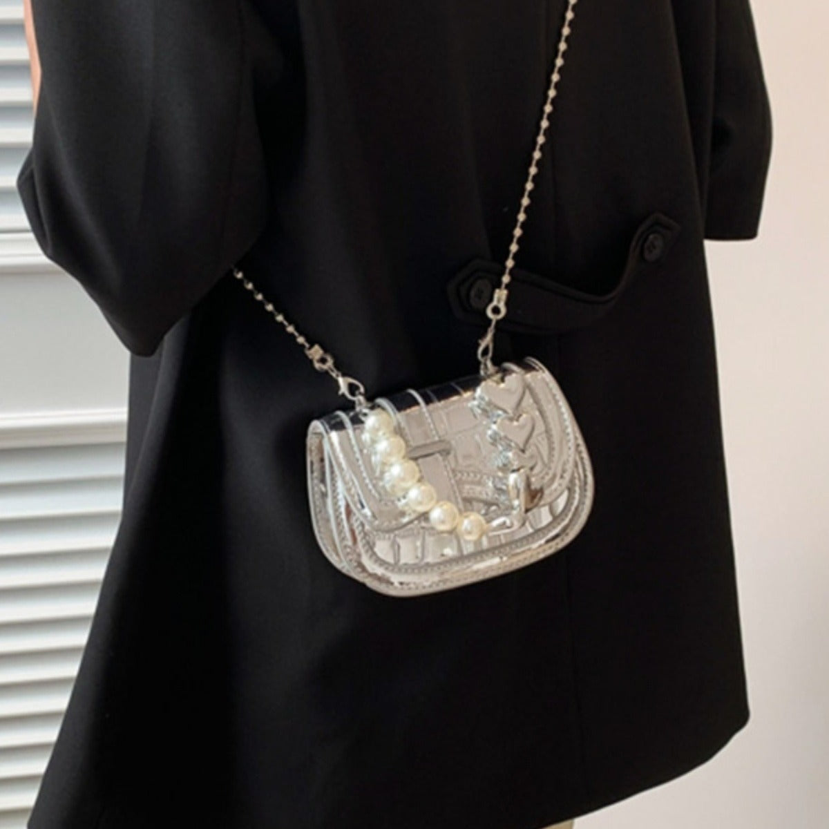 Pearl chain mini silver crossbody bag