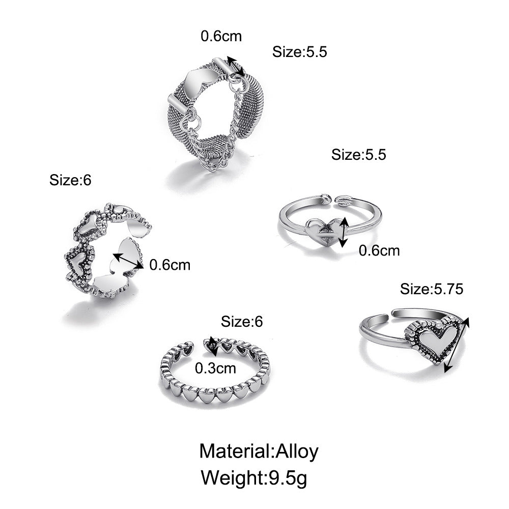 Retro Geometric Open Heart Ring 5-Piece Set