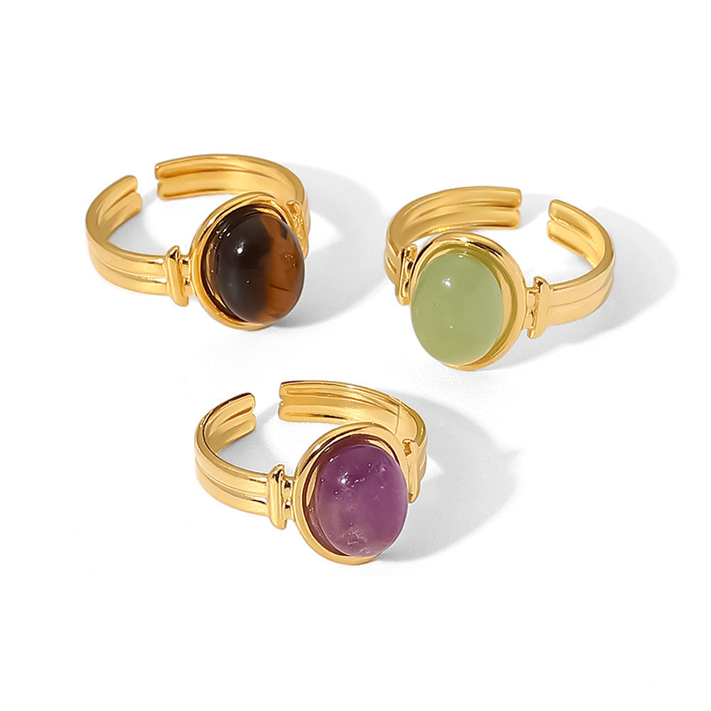 Anillo abierto con piedra semipreciosa ovalada de ojo de tigre/verde/morada