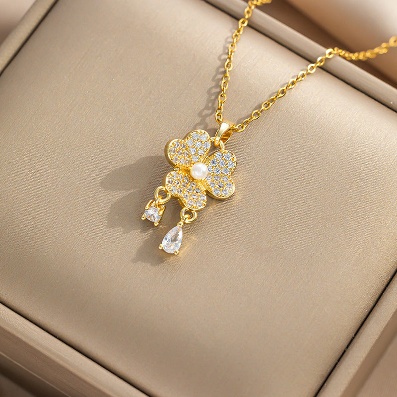 Chic Pearl Fringe Stainless Steel Necklace with Zircon Pendant