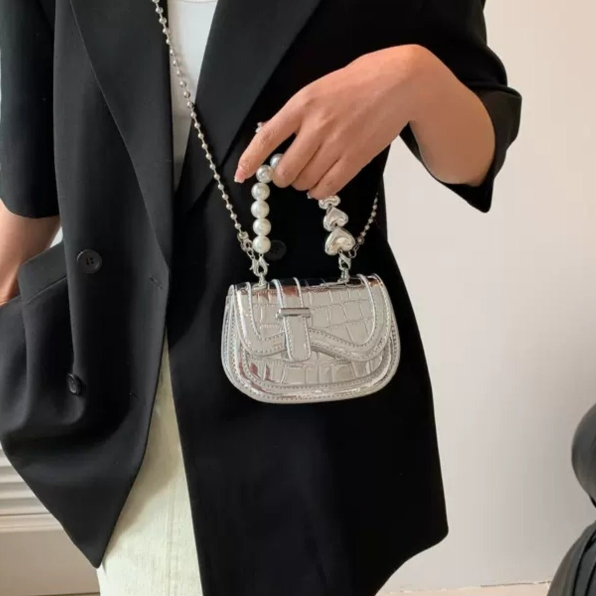 Pearl chain mini silver crossbody bag