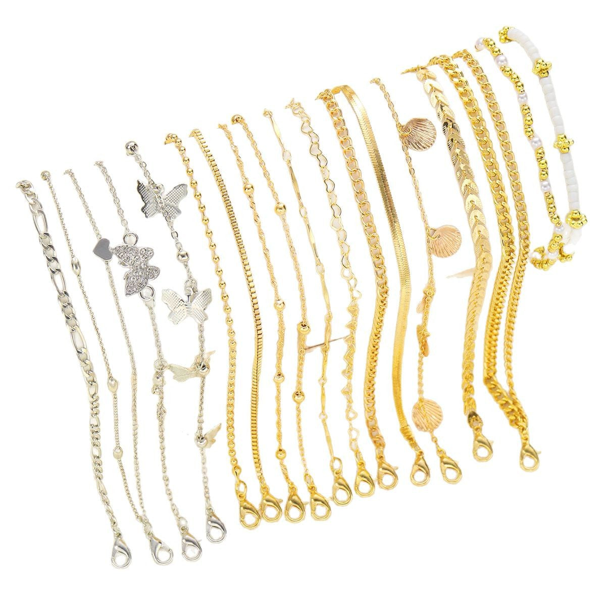 Juego de tobilleras con cuentas de arroz y conchas de mariposa