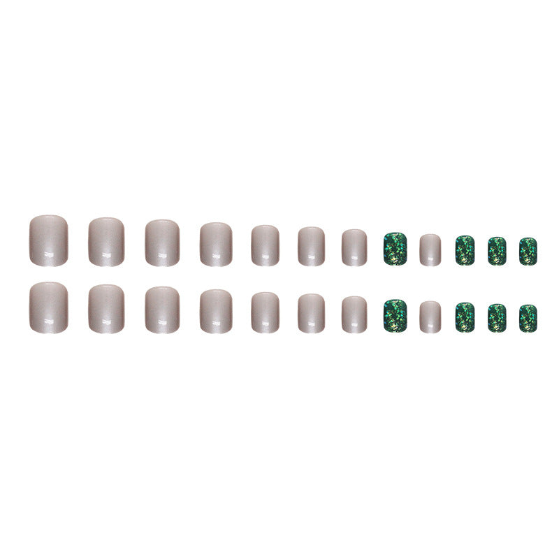 Uñas postizas cuadradas cortas con purpurina Aurora en color verde oscuro