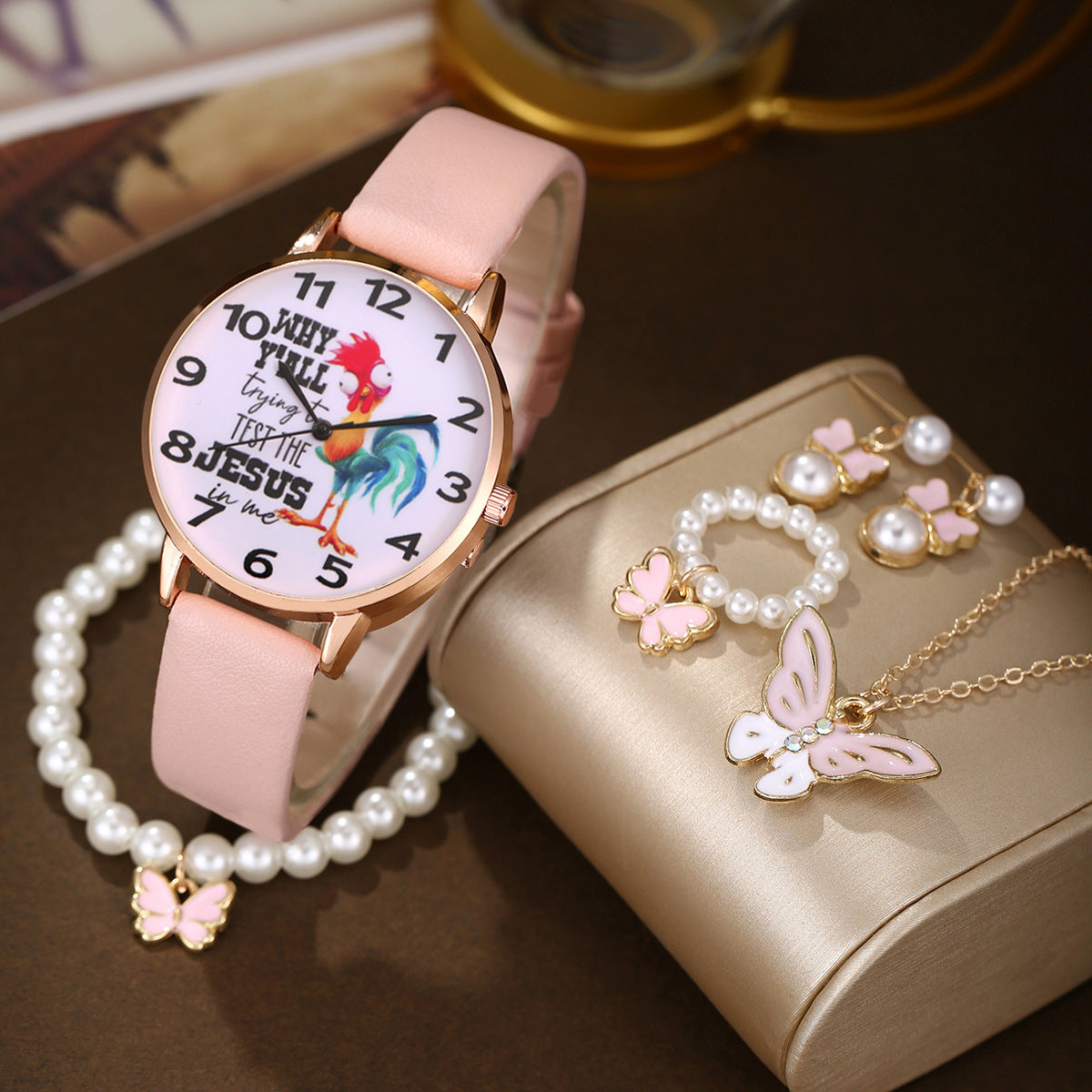 Quartz Wrist Watch Pearl Butterfly Jewelry Set