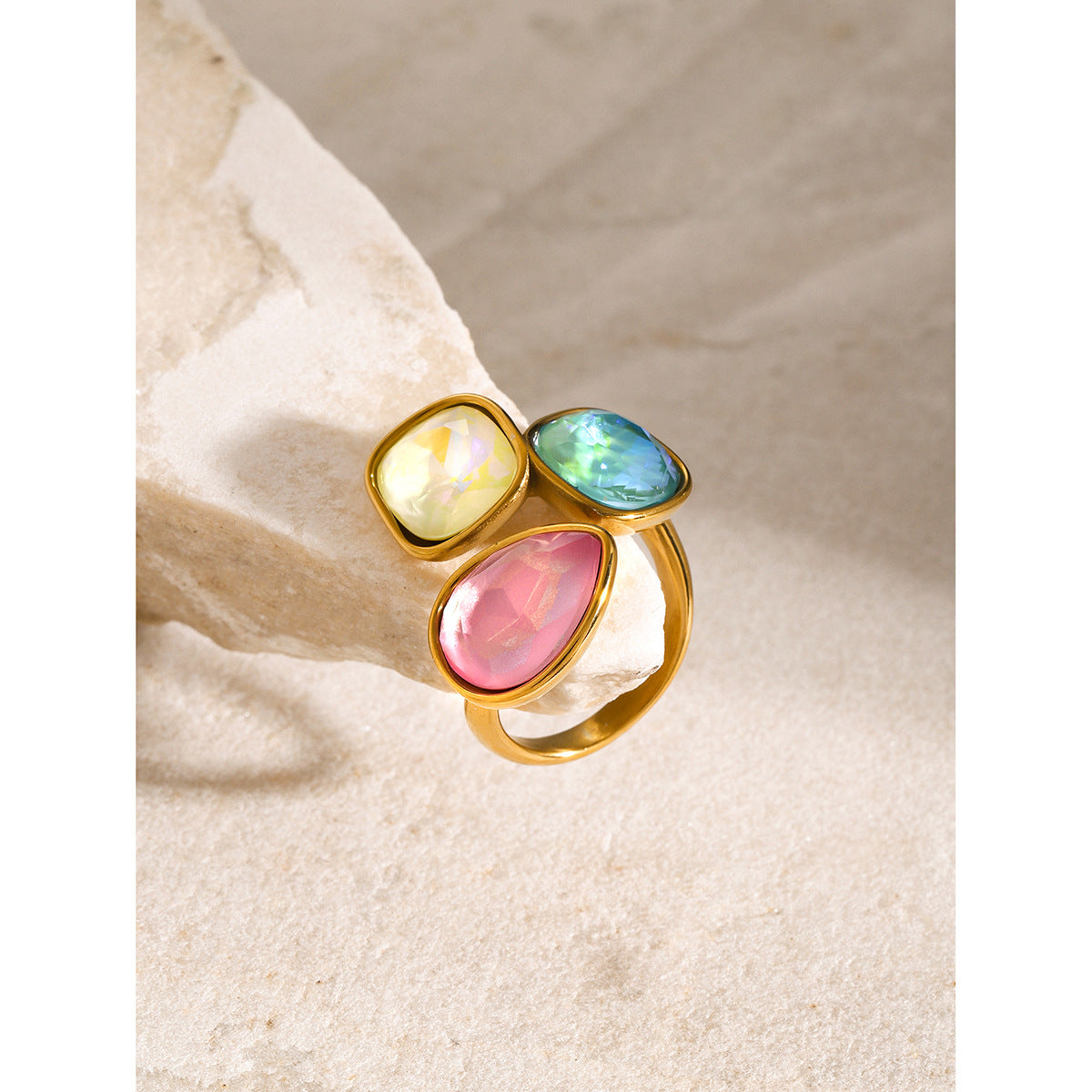 Three-color rhinestone open titanium steel ring