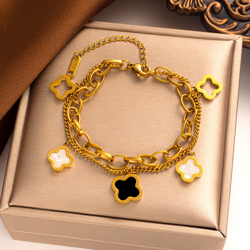 Pulsera de trébol de cuatro hojas de doble capa de acero de titanio: moderna y lujosa