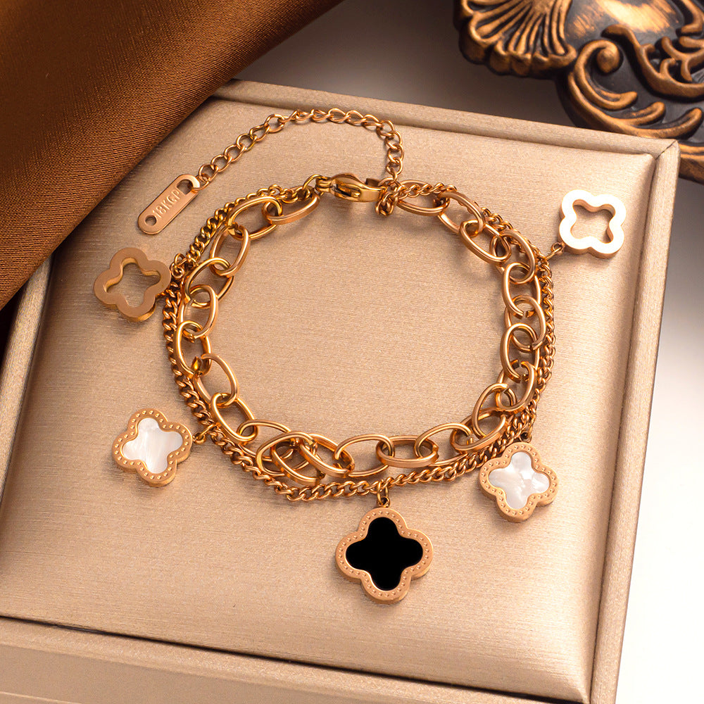 Pulsera de trébol de cuatro hojas de doble capa de acero de titanio: moderna y lujosa