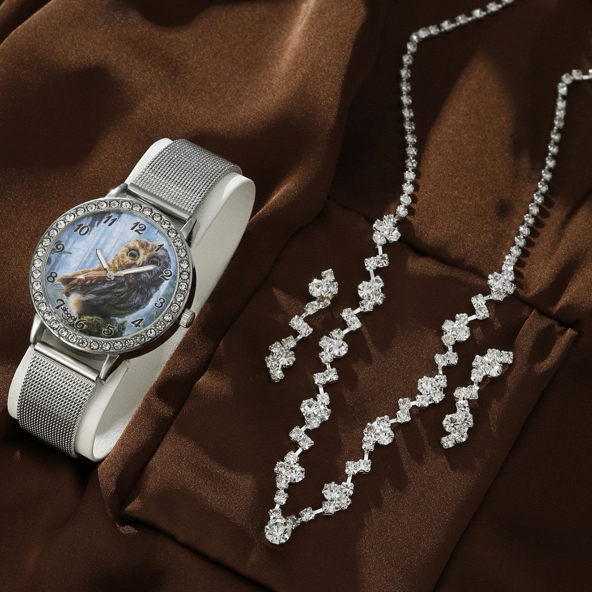 Owl Watch Rhinestone Jewelry Set