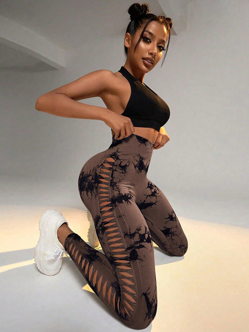 Pantalones de yoga de cintura alta con efecto tie-dye hueco