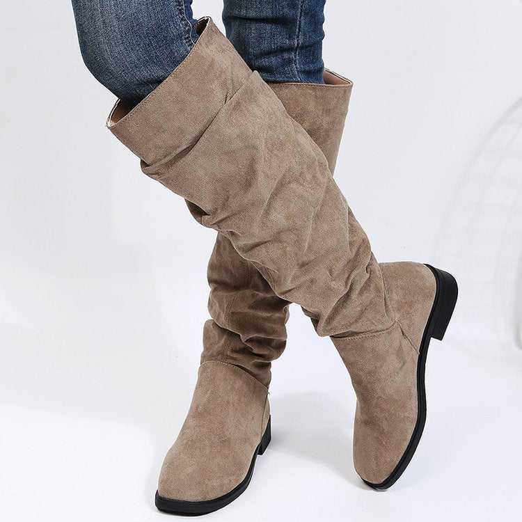 Thick-heeled pleated high boots