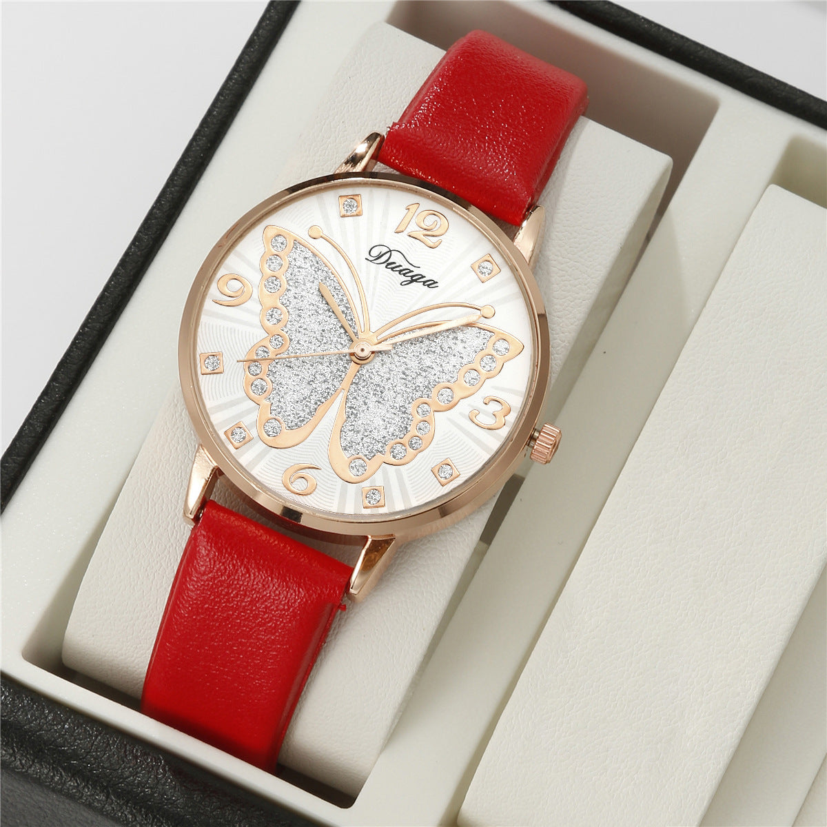 Rose Gold Diamond Butterfly Watch Pearl Jewelry Set