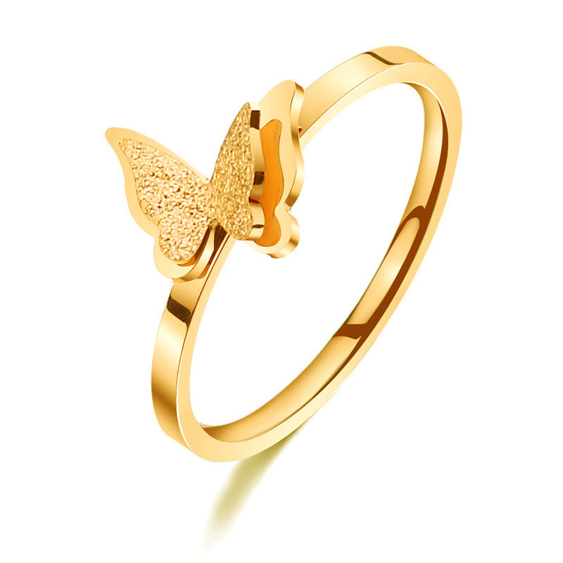 Korean-Japanese Style Women's Double Butterfly Matte Stainless Steel Ring