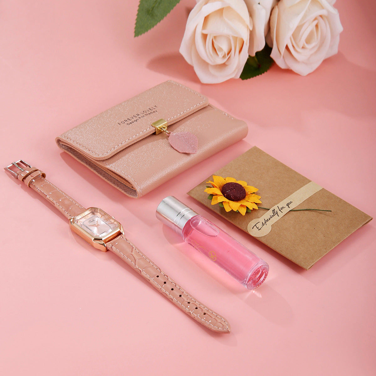 Watch square pink personality 4-piece set