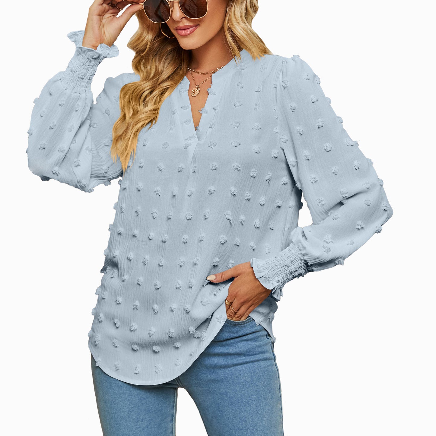 Polka Dot Long Sleeve Bubble Sleeve V-Neck Shirt