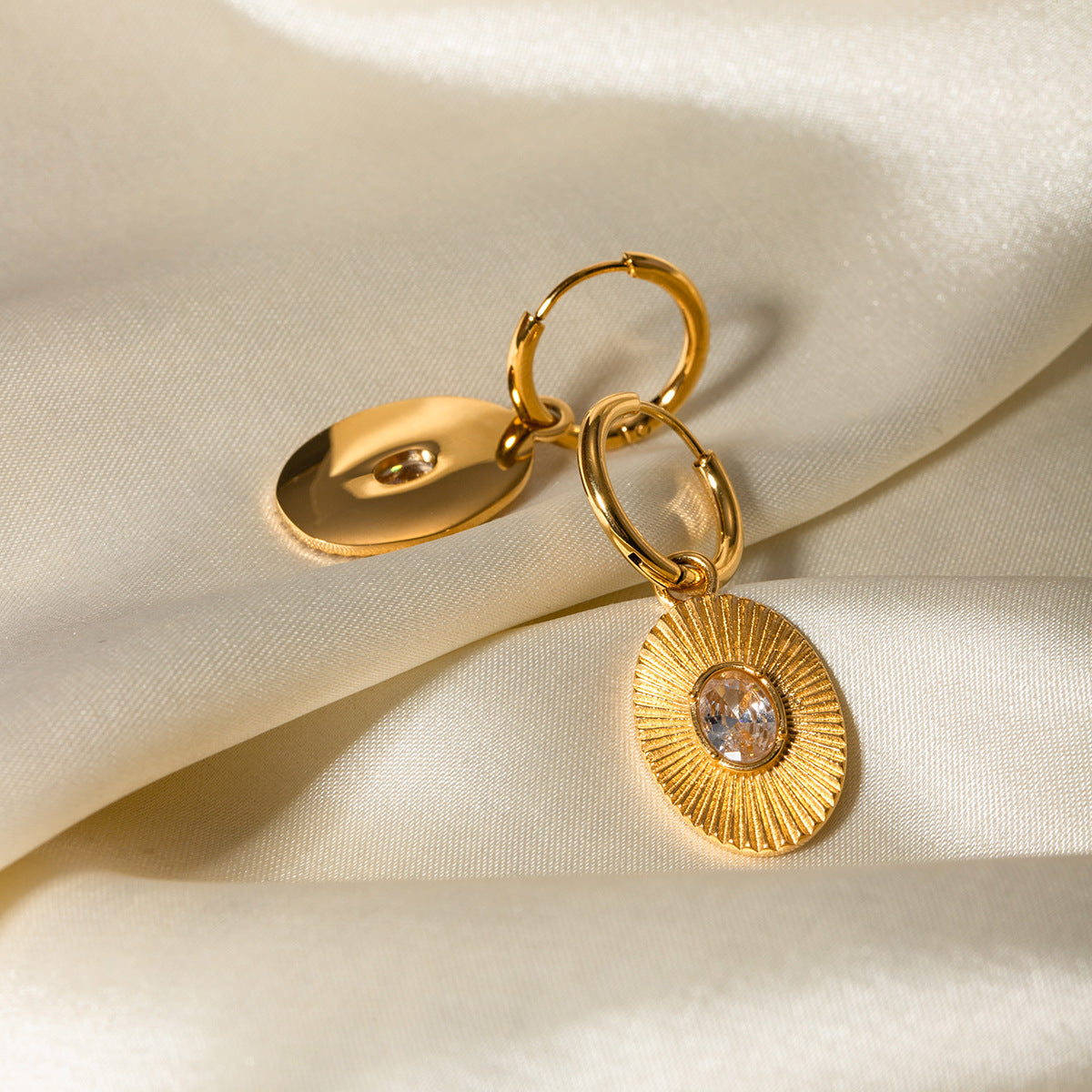 White Diamond Oval Coin Drop Earrings