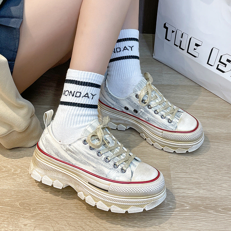 Zapatos de lona desgastados retro zapatos de suela gruesa para mujer