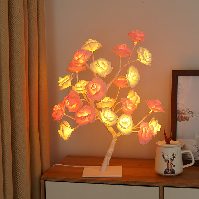 Luz nocturna de decoración de lámpara de árbol de rosas de simulación LED con interruptor USB