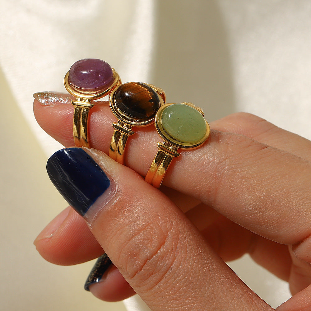 Anillo abierto con piedra semipreciosa ovalada de ojo de tigre/verde/morada