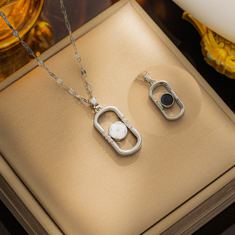 Geometric Oval Pendant Necklace, Stainless Steel