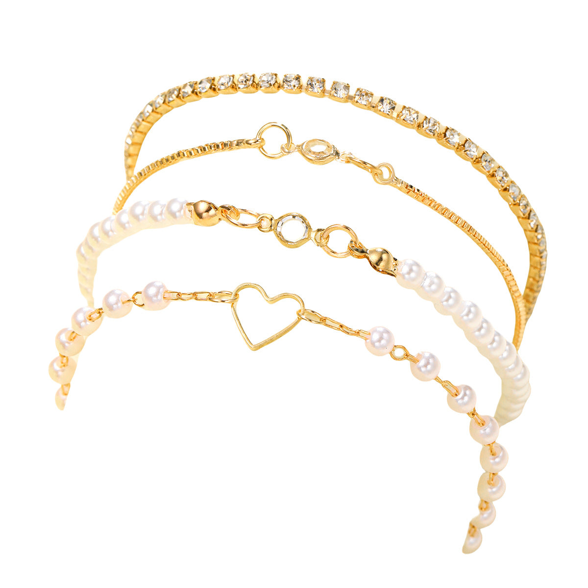 4-Piece Zircon & Pearl Heart Anklet Set