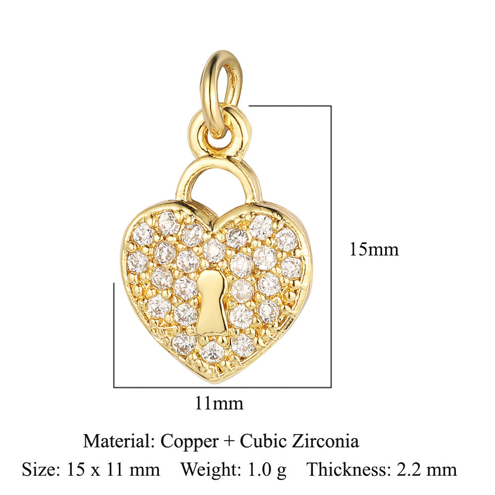Colgante de cobre y circonita con forma de llave y candado en forma de corazón de melocotón