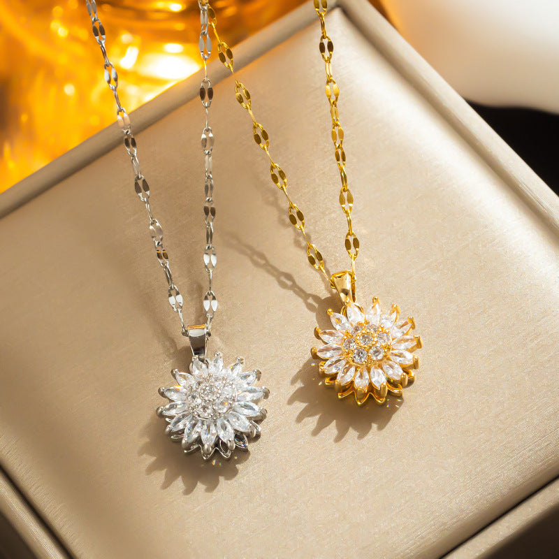 Conjunto de collar y anillo giratorios de girasol, doble capa de moda