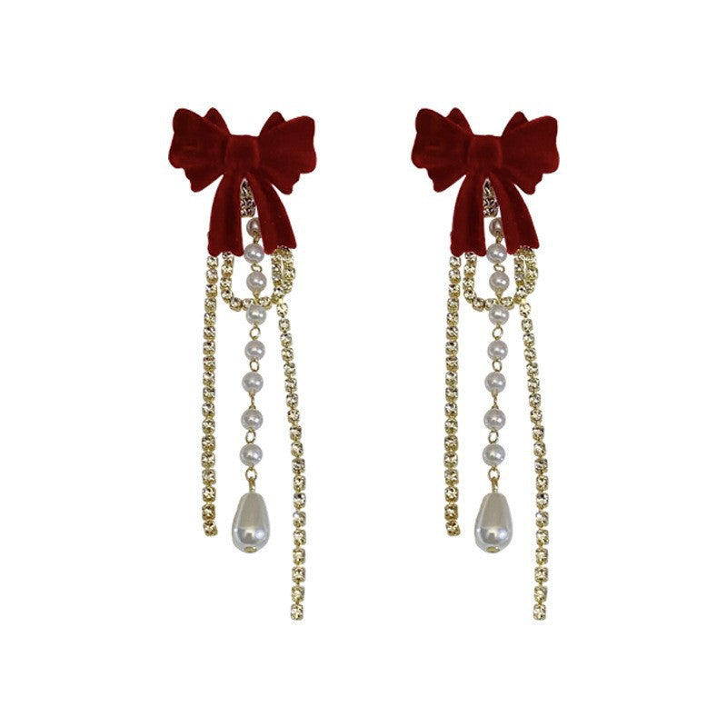 Burgundy Flocking Bow Pearl Fringed Earrings