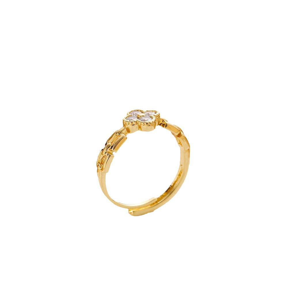 Adjustable Korean Four-Leaf Clover Zircon Flower Ring