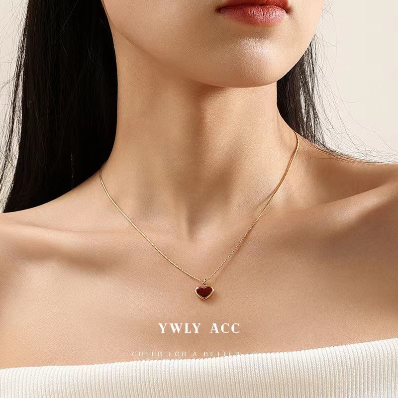 Collar con colgante de esmalte de corazón rojo, elegante cadena de acero de titanio
