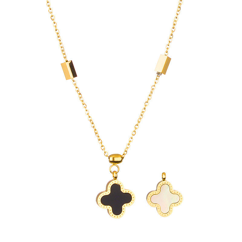 Women's Rose Gold Titanium Steel Double-Sided Black & White Shell Four-Leaf Clover Necklace