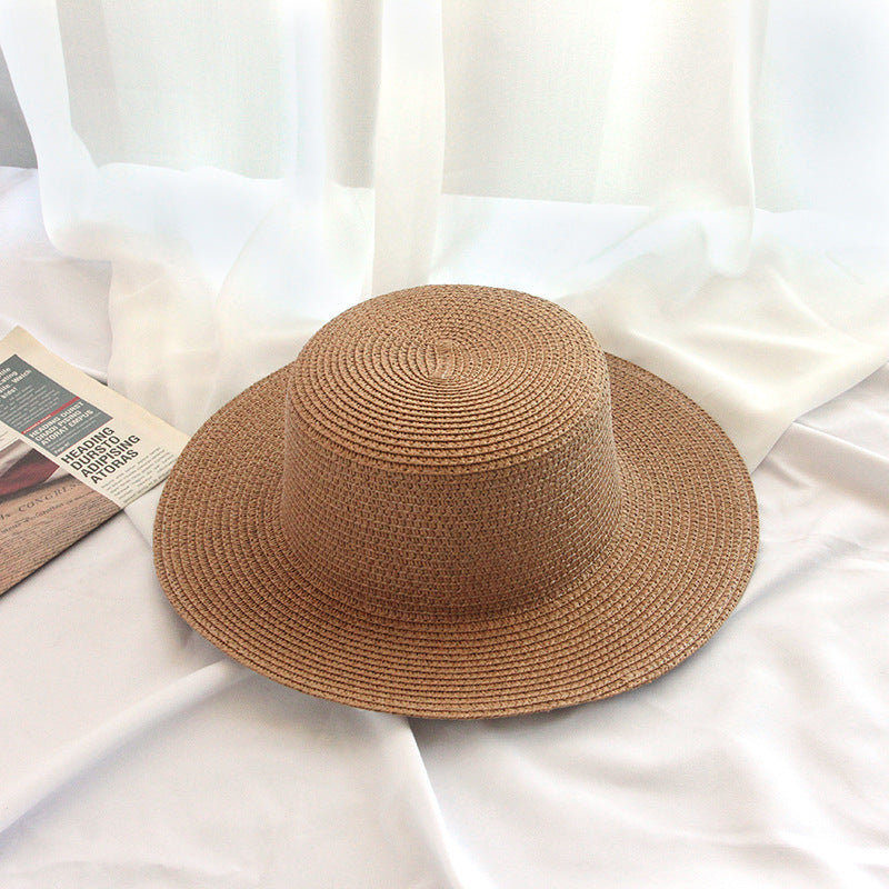 7cm Brim Flat Top Sun Hat Summer Wide-Brim Beach Straw Hat