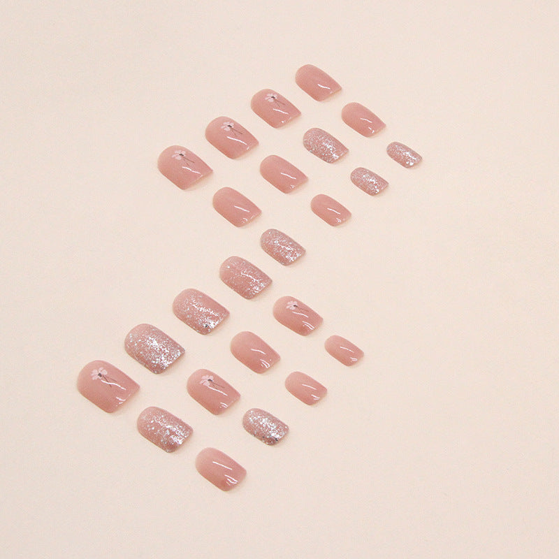 Nude Elegant Floral Short Nails