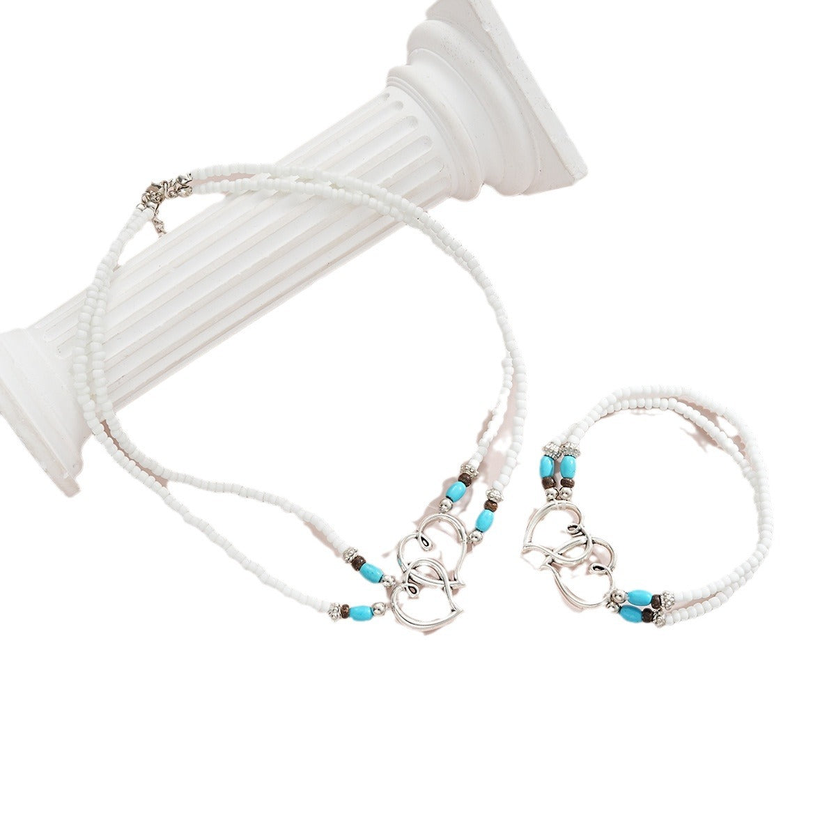 Bohemian Rice Bead Heart Bracelet Necklace Set