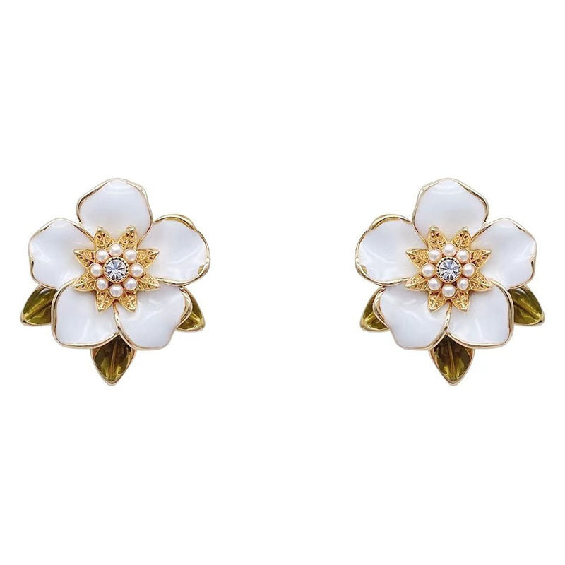 Silver Needle Diamond Pearl Leaf Flower Earrings