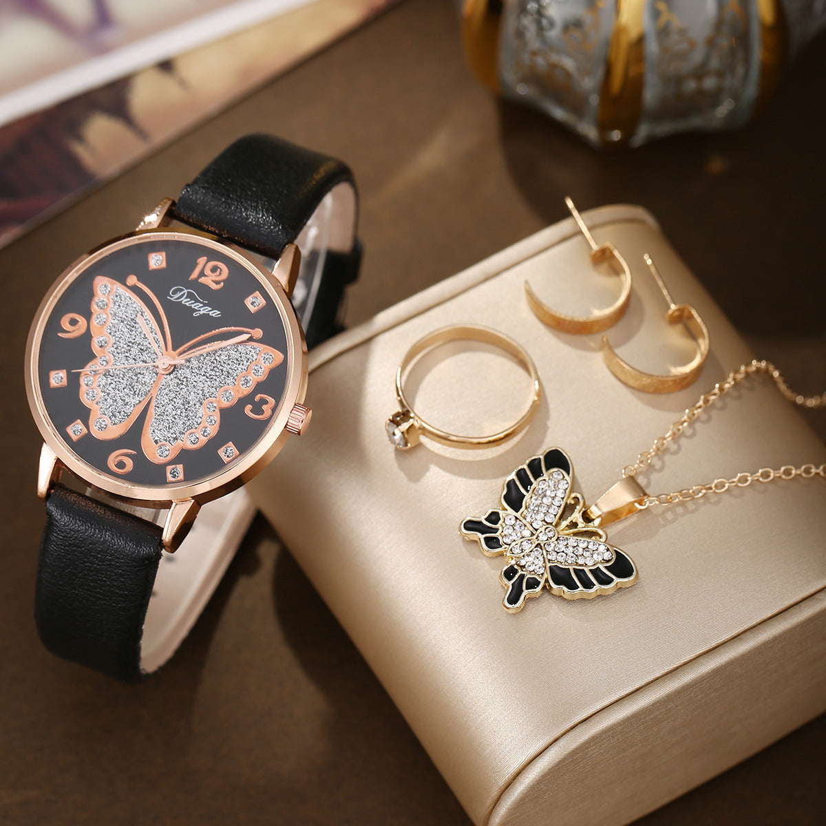 Rose Gold Diamond Butterfly Watch Pearl Jewelry Set