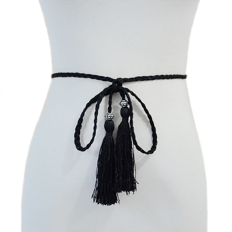 Solid color fringed small waist rope with shirt