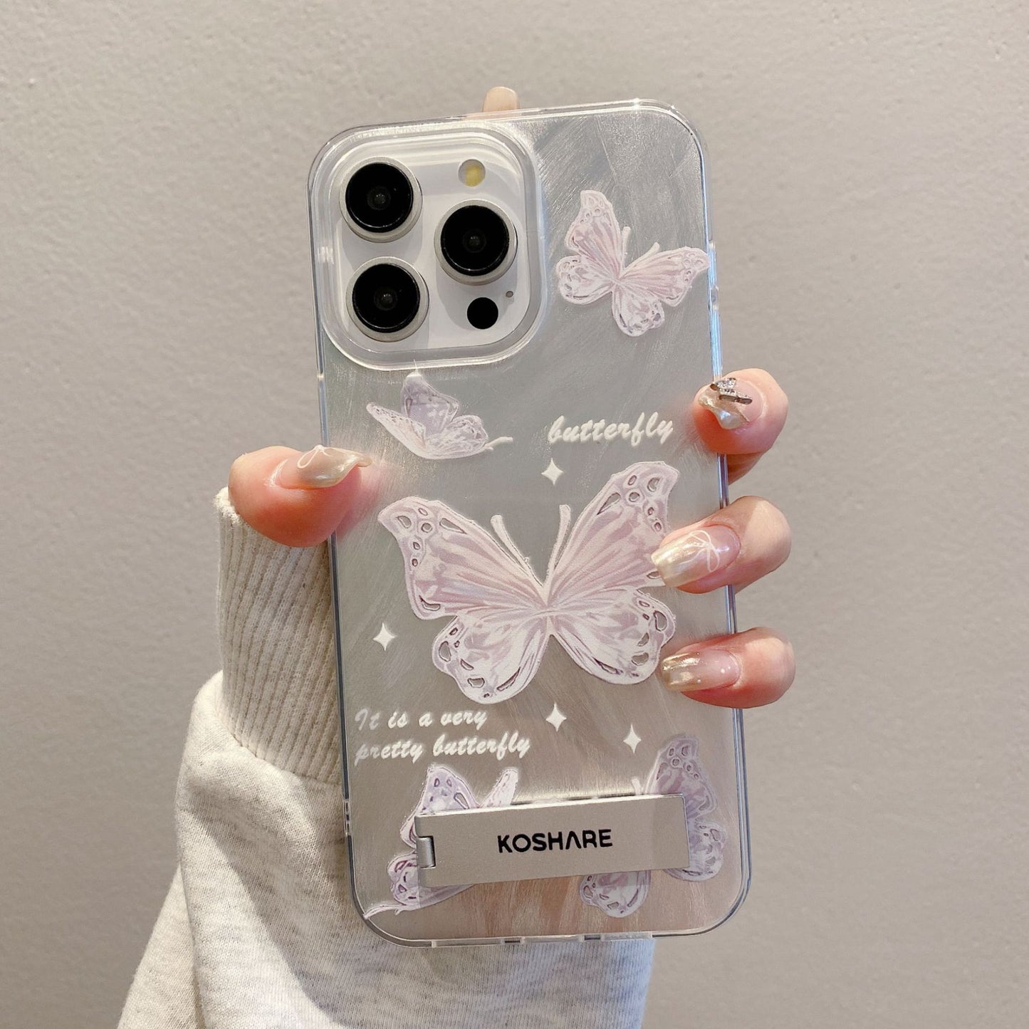 Feather Butterfly Gradient Case iPhone15 Pro 11 13 Invisible Stand 7P