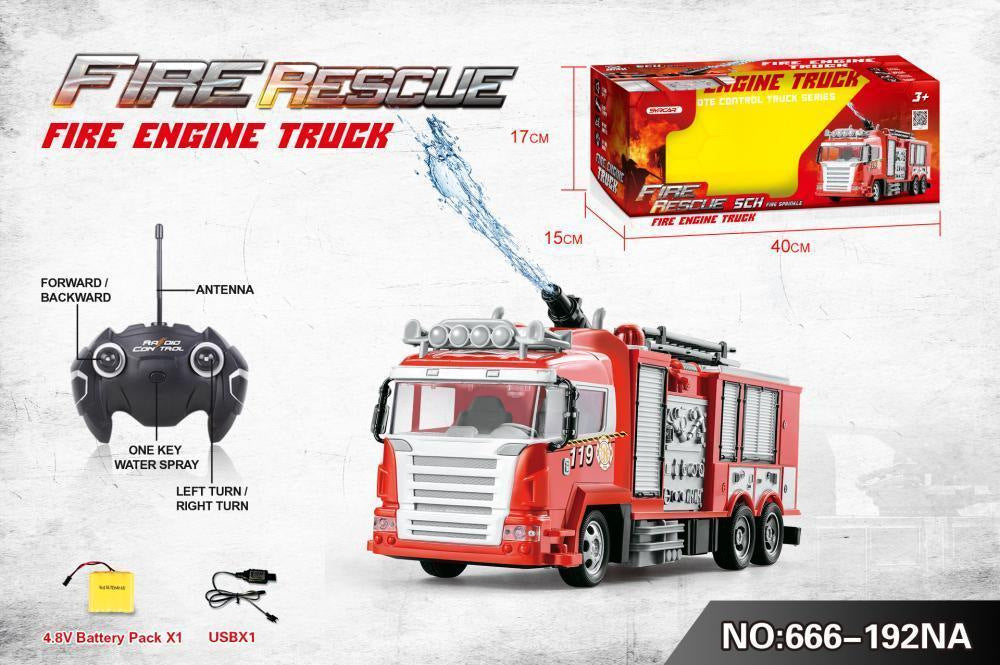 Camión de bomberos eléctrico con control remoto: vehículo de rescate de simulación con sonido y luz, rociador de agua con un solo botón para niños, juguete