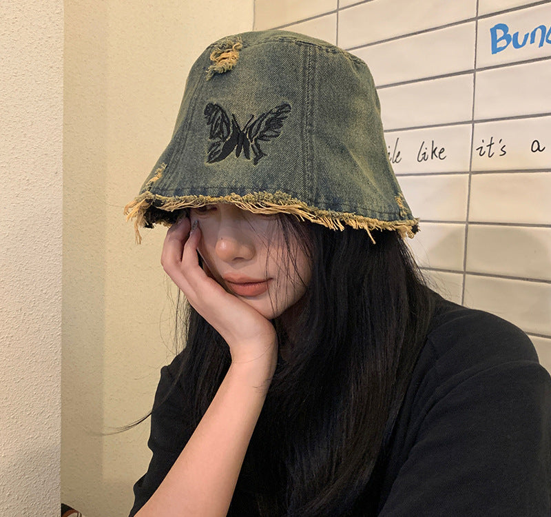 Vintage Embroidered Butterfly Denim Bucket Hat