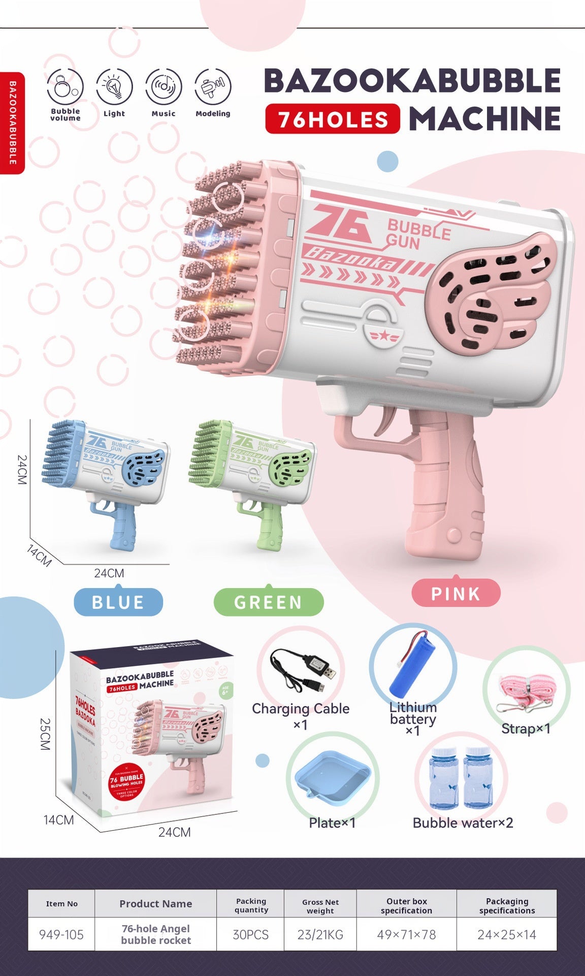 76-Hole Rocket Bubble Gun with Colorful Lights, Electric Rechargeable Toy