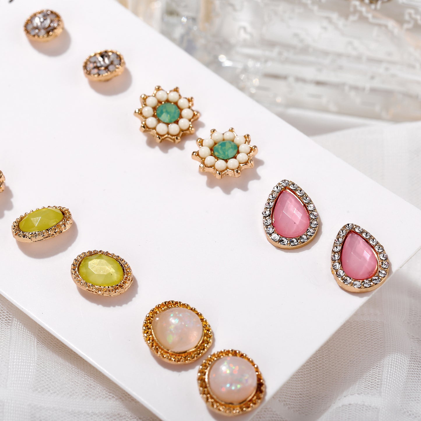 Multi-Piece Opal Flower Stud Earrings Set