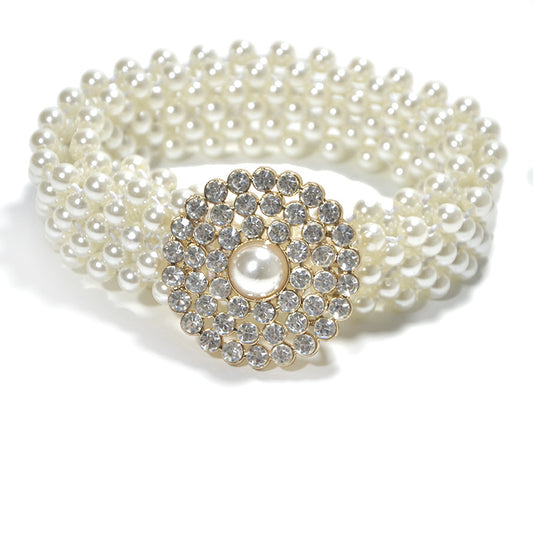 Rhinestone Inlaid Button Head Decorative Pearl Wide Belt