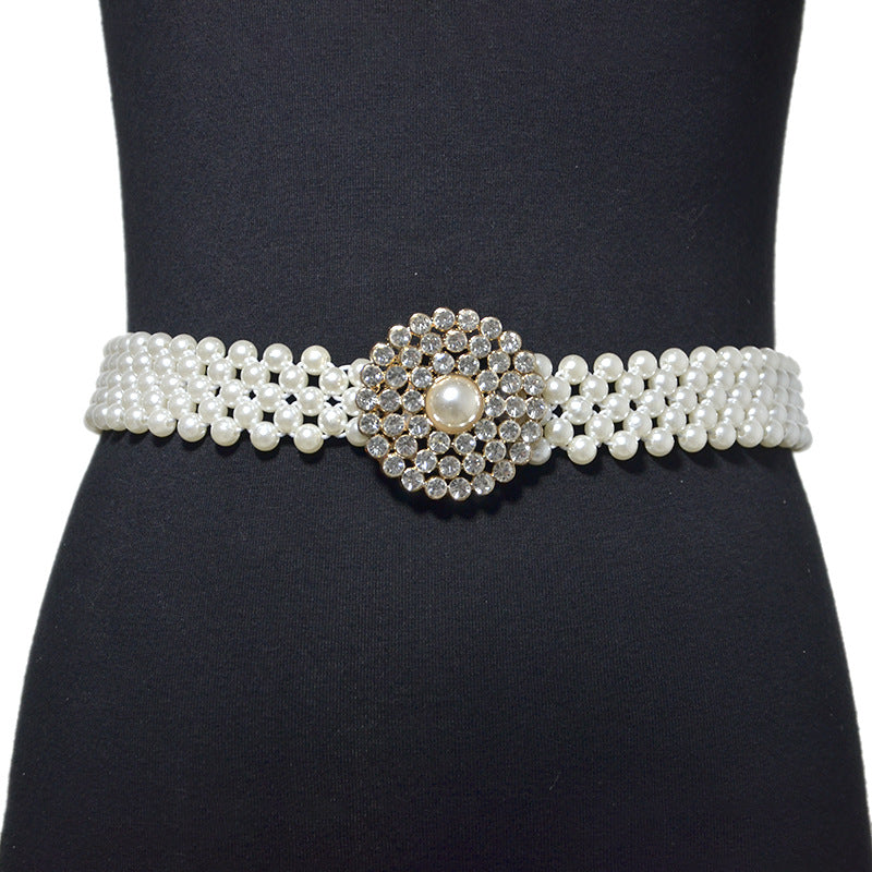 Rhinestone Inlaid Button Head Decorative Pearl Wide Belt