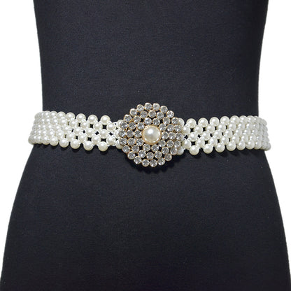 Rhinestone Inlaid Button Head Decorative Pearl Wide Belt