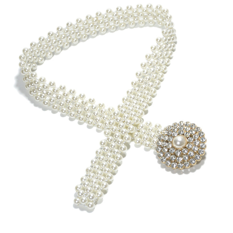 Rhinestone Inlaid Button Head Decorative Pearl Wide Belt