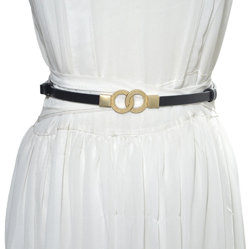 Real cow double ring buckle cowhide thin belt