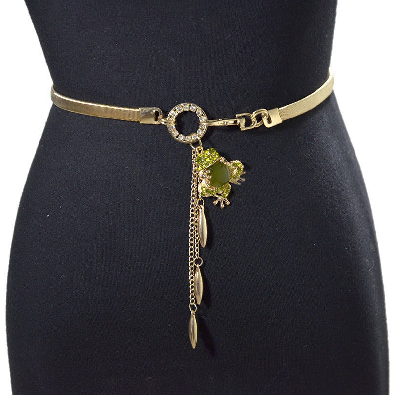 Rhinestone crystal inlaid metal spring waist chain