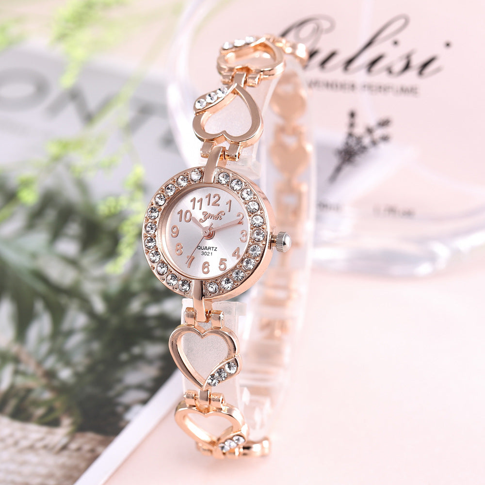 Full diamond peach heart wrist quartz watch