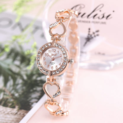 Full diamond peach heart wrist quartz watch