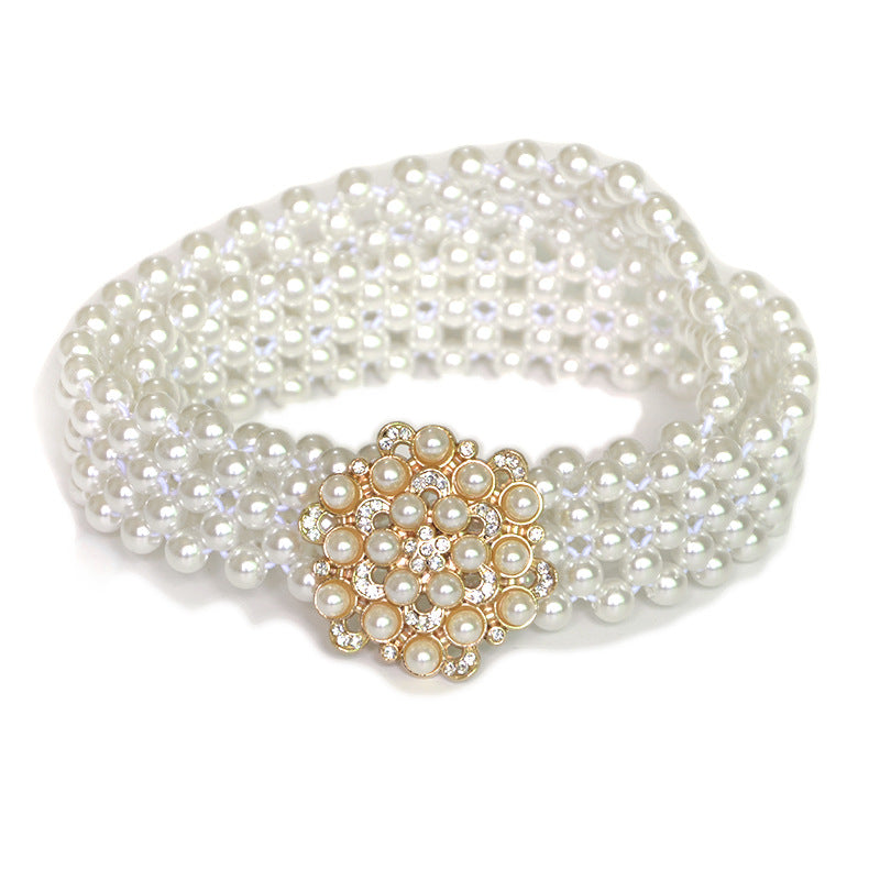 Rhinestone Inlaid Button Head Decorative Pearl Wide Belt